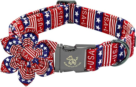 Elegant little tail Independence Dog Collar, Patriotic Pet Collar with Flower American 4th of July Pet Gift Cotton Soft Boy Girl Adjustable Collars for Large Dogs