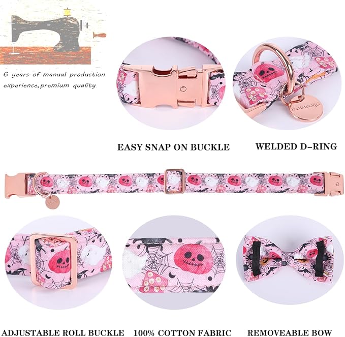 DOGWONG Fall Dog Collar with Bowtie - Pink Fall Dog Collar Soft Cotton Autumn Dogs Necklace - Halloween Puppy Necklace for Small Medium Large Dogs
