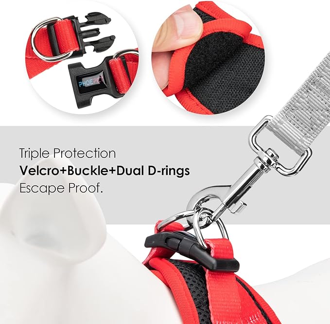 PHOEPET Step-in Dog Harness,Reflective Adjustable Dog Vest Harness, Soft Pet Walking Jacket with 2 Metal Leash Hooks for Dog and Cat(Black Base & Red Straps,XS)