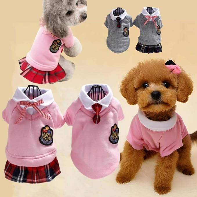 Pet Uniform School Skirts Sailor Costume Dog Campus Clothes Teddy Cute Bowtie Adorable Puppy Apparel (Small,Pink Shirt)