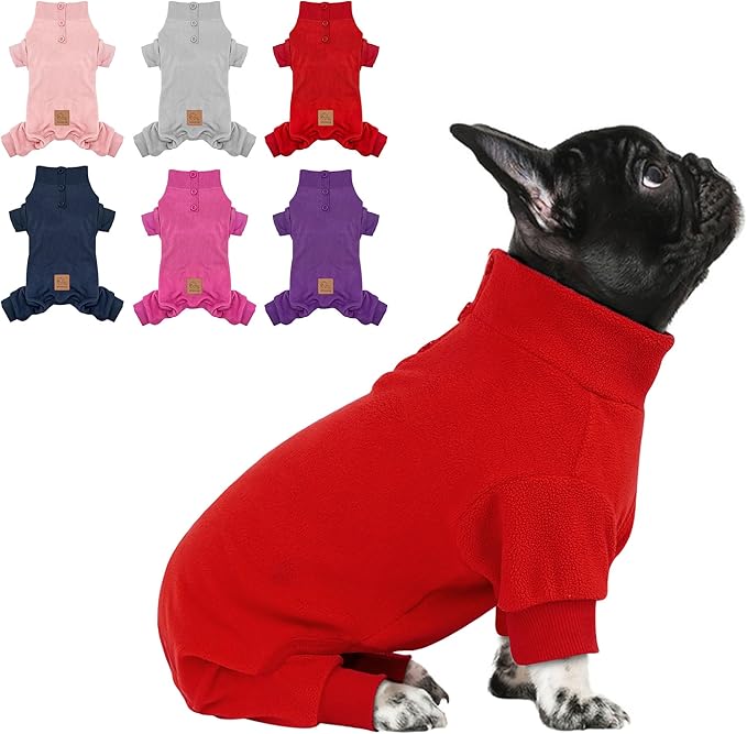 cyeollo Dog Pajamas Fleece Dog Pjs Thermal Dog Onesie Stretchy Jumpsuits Doggie Warm Coat Outfits for Pet Cat Apparel Color Red