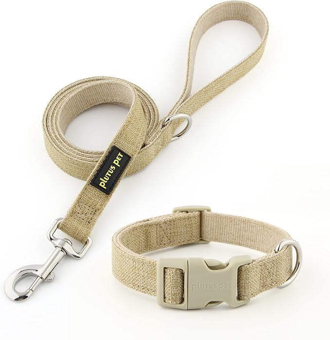 Plutus Pet Cotton Hemp Dog Collar and Leash Set, Adjustable Collar for Small, Medium, and Large Dogs, Heavy Duty and Soft on Skin, Khaki, S