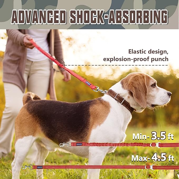 AUROTH Heavy Duty Bungee Dog Leash for Large Breed Dogs, No Pull for Shock Absorption with Car Seat Belt, 2 Padded Handles 4.5Foot 6Foot Training Dog Leash Red