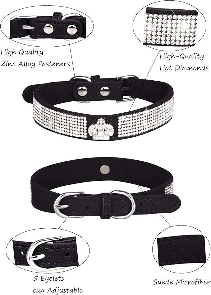 Dog Collar for Small Dogs, Adjustable Leather Suede Bling Dog Collars，Pink Dog Collar Cat Collar, Rhinestone Dog Collar (M, black3)