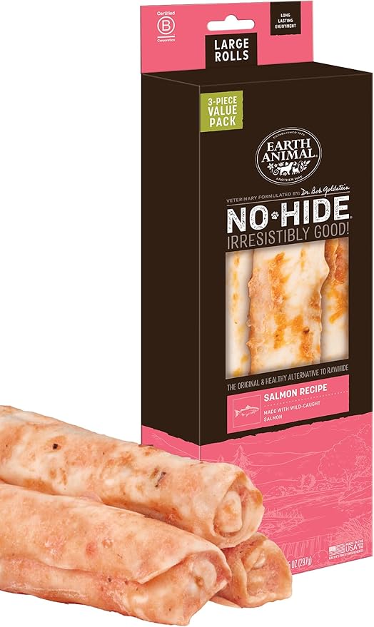 Earth Animal No-Hide Rolls Salmon Recipe Large Natural Rawhide Alternative Dog Chews | 3 Count Pack of 1