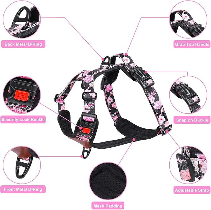 Petmolico No Pull Dog Harness Leash Set, Front and Back Metal Clips Easy Walk Dog Harness with Handle for Training Outdoor Adventures, Peony Small