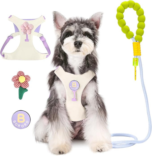 Dog Harness and Leash Set with 2 Flower Patches, No Pull Adjustable Puppy Harness, Step in No Chock Dog Vest for Small Medium Dogs Puppy and Cats(Khaki, S)