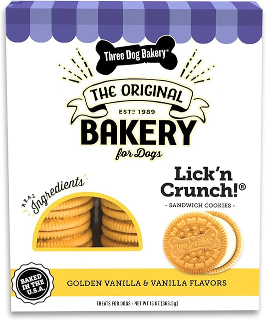 Three Dog Bakery Lick'n Crunch! Golden & Vanilla Dog Sandwich Cookies, 20 Count – Dog Treat Cookies, Puppy Cookies with Real Ingredients, Dog Birthday Cookies, Dog & Puppy Training Treats