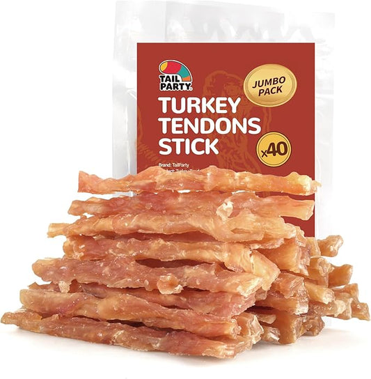 Turkey Tendons for Dogs, Small Medium & Large Dogs Training Treats, Natural Long-Lasting Chews Sticks, Healthy High-Protein Hypoallergenic Beggin Stick, Jumbo Pack (40 Units/Pack, 1 lb)