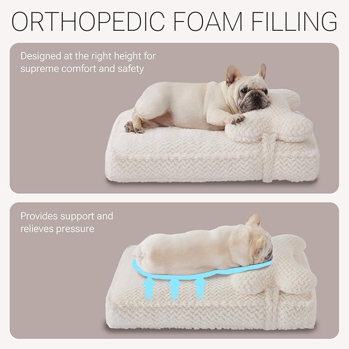 Soft Touch Faux Fur Dog Pillow Beds for Small,Medium Dogs, Supportive Foam Dogs Couch with Washable Removable Cover, Super Soft Pets Bed for Large Cats & Medium Dog (Ivory)
