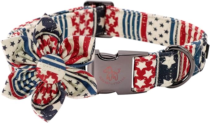 Elegant Little Tail US Flag Dog Collar, Detachable Flower Collar for Medium Dogs