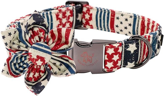 Elegant little tail US Flag Dog Collar, Cute Detachable Dog Collar with Flower, Gift Pet Collar Adjustable Dog Collar for X-Small Puppy
