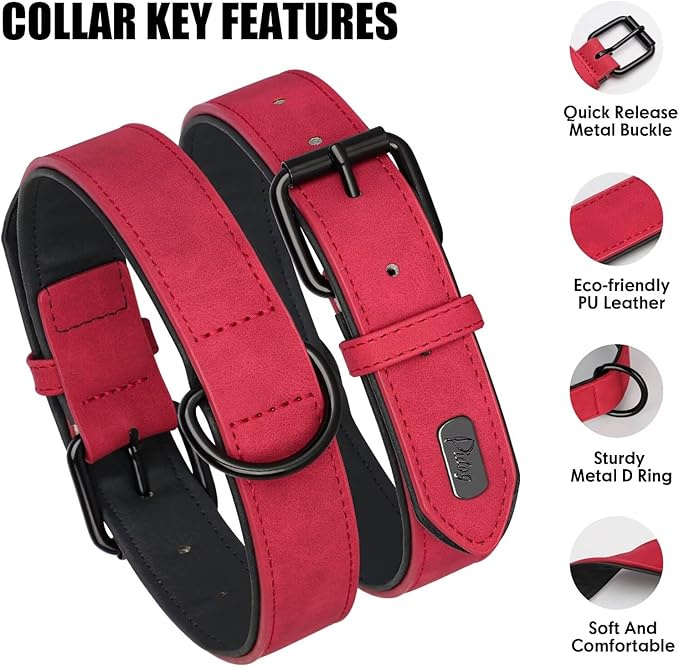 Didog Soft Padded Leather Dog Collar, Breathable Heavy Duty Dog Collar Faux Leather with Adjustable Rust-Proof Metal Buckle for Small Medium Large Dogs, Red Dog Collar, M Fit Neck 12-15"(13-22 lbs)