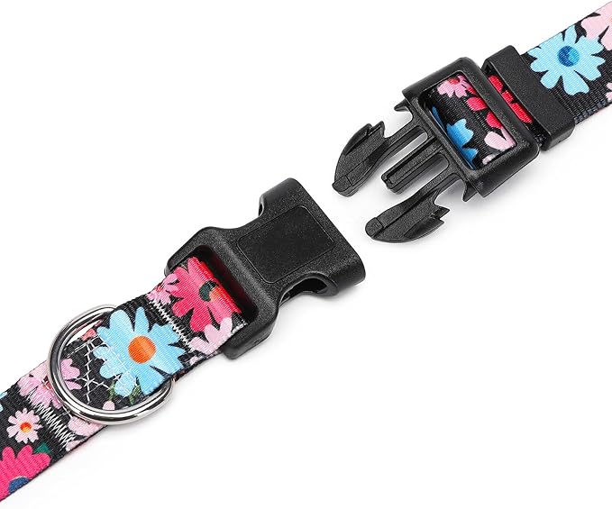 Adjustable Dog Collar with Patterns, Ultra Comfy Soft Nylon Breathable Pet Collar for Small Medium Large Dogs (M, Floral Pink Blue)