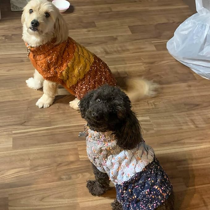 KYEESE Color Block Dog Sweater With Fuzzy Thread Knitted Turtleneck for Small Male Dogs - Fall Winter Knitwear Clothes, Brown, L