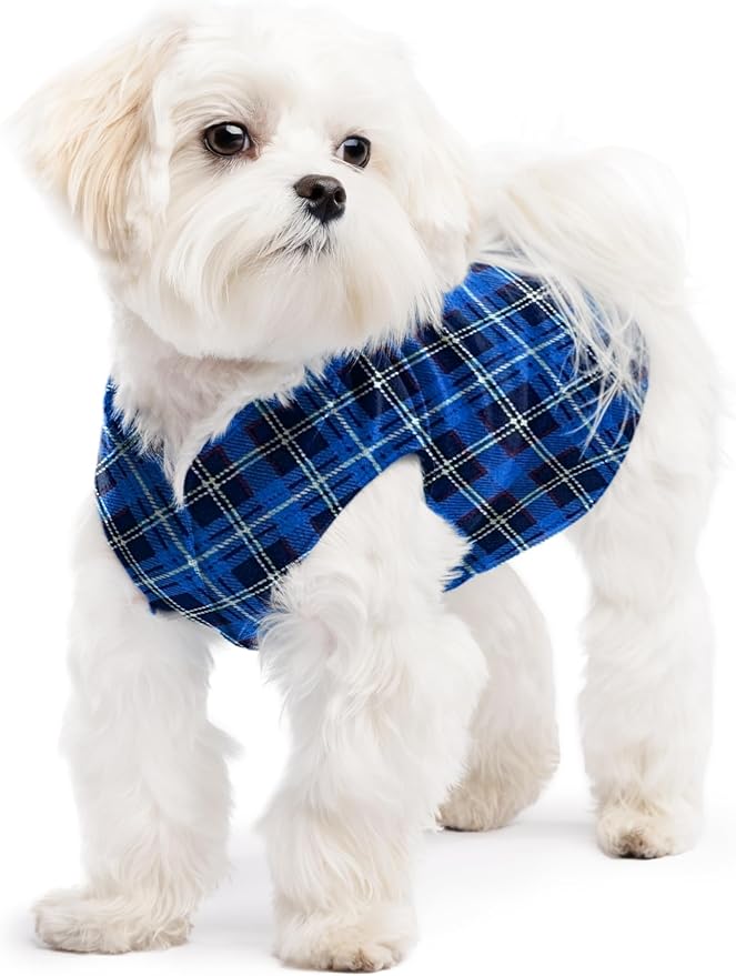 Stretch Fleece Dog Coat, Stretchy Pet Sweater, Machine Washable Pullover for Winter and Fall, Blue Plaid, 8
