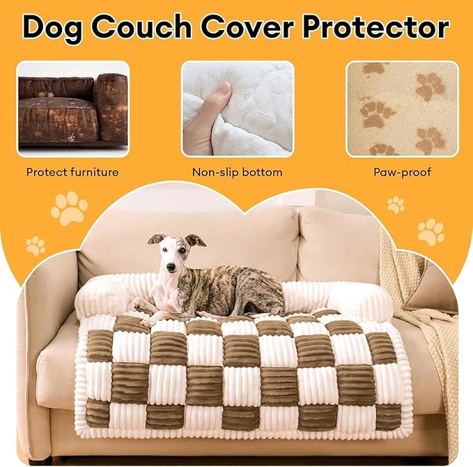 FUNNY FUZZY Pet Couch Covers for Sofa, Large Dog Couch Bed Cover Cream Square Plaid Washable Pet Mat for Furniture Protector Sofa Cover for Dogs, Large, Light Brown