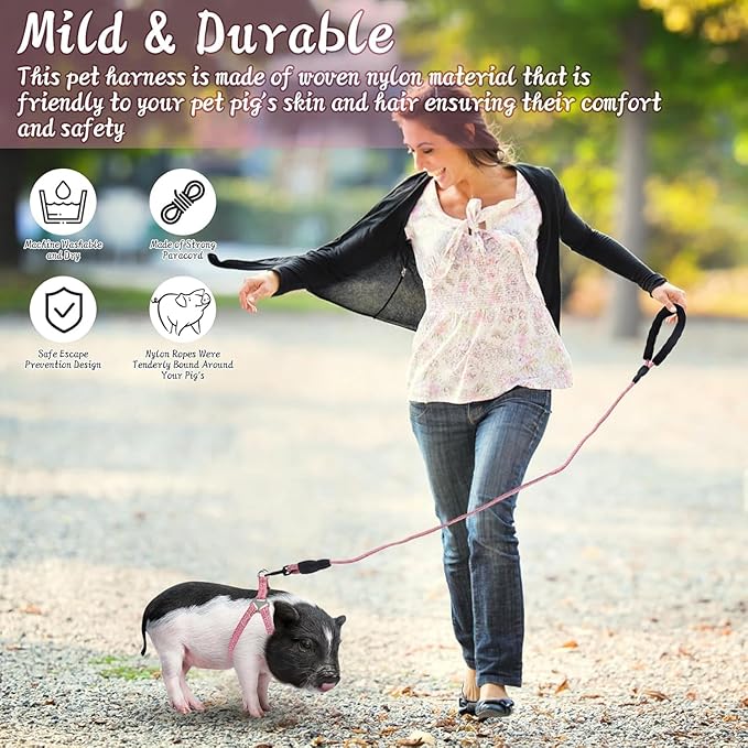 Mini Pig Harness, Adjustable Small Pig Harness with Leash Infinity Style Lead and Soft Foam Handle for Small to Medium Pet Pigs Walking Training Jogging (Pink, XL)
