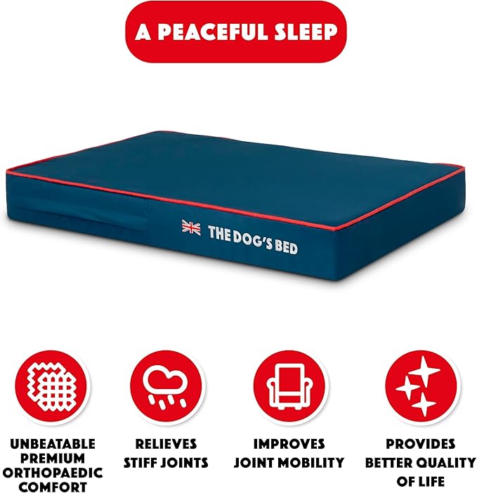 The Dog’s Bed Orthopedic Memory Foam Dog Bed, Medium Blue Oxford with Red Trim UK Flag 34x22, Pain Relief for Arthritis, Hip & Elbow Dysplasia, Post Surgery, Supportive, Calming, Waterproof Washable