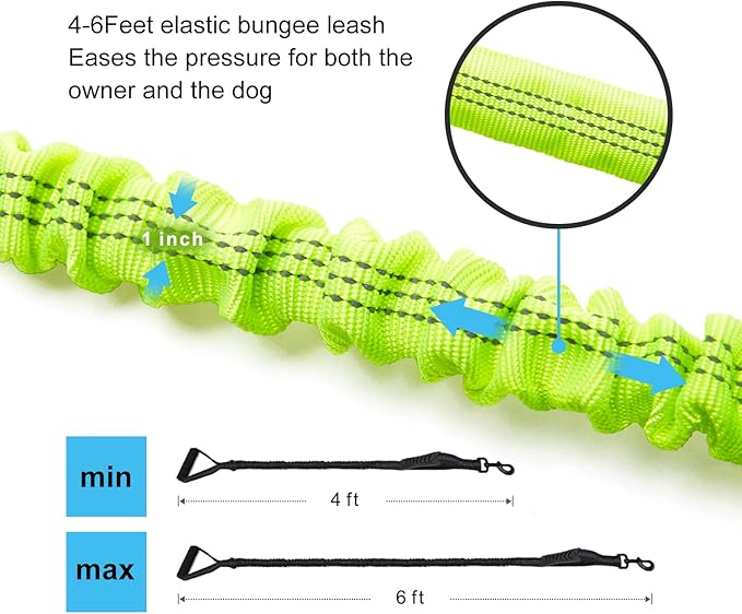 6FT Highly Reflective Heavy Duty Elastic Bungee Medium and Large Dog Leash Shock Absorbing with Comfortable Padded Handle and Traffic Handle Suitable for Training Green