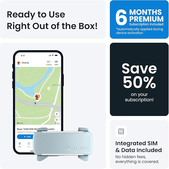 Tractive GPS Dog Tracker (2025 Release with Free 6 Month Subscription) | Real-time Pet Location Tracker | Health & Wellness Alerts | Virtual Fence for Dogs | Bark Monitoring (Mint)