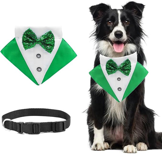 St.Patrick's Day Dog Tuxedo Bandanas Costume Pet Green Irish Outfits Adjustable Saint Patrick's Day Dog Scarf Bow Tie Collar for Large Dogs Cats Cosplay Party Dress Doggie Bibs (Green, Large)