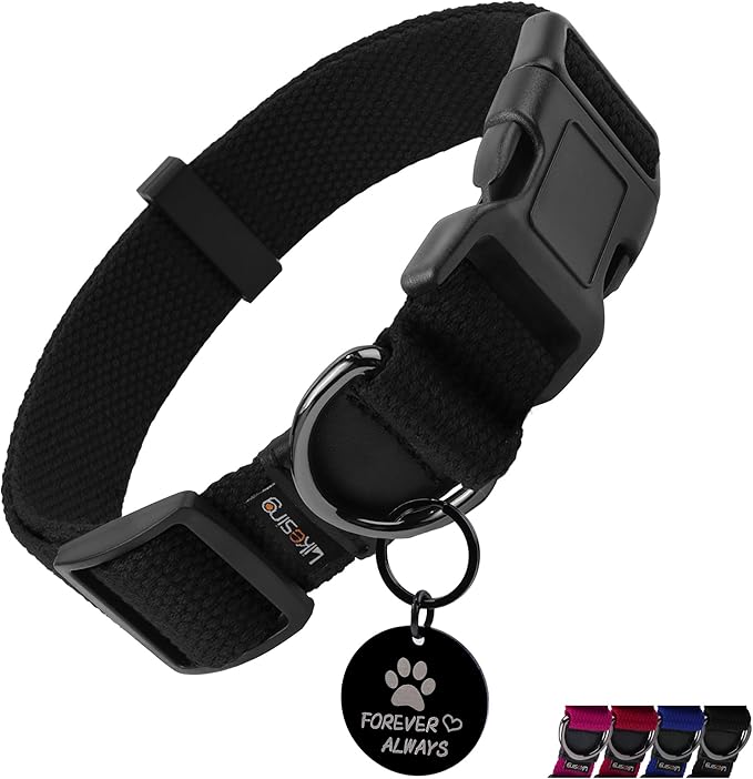 Cotton Soft Dog Collar, Quick Release Dog Collar with Buckle, Heavy-Duty Adjustable Pet Collar for XS Small Medium Large Dog, Colorfast Dog Collars with Removable Tag(M, Black)
