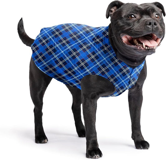 Stretch Fleece Dog Coat, Stretchy Pet Sweater, Machine Washable Pullover for Winter and Fall, Blue Plaid, 16