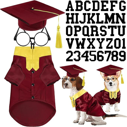 5 Pcs Dog Graduation Costume Set Include 2025 Pet Graduation Gown with Stole Puppy Grad Cap Lensless Glasses DIY Letter Stickers for Dogs Cats Holiday Costume Accessory(Maroon Yellow,L)