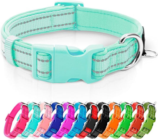 azuza Reflective Dog Collar,Soft Neoprene Padded Pet Collar with ID Tag Ring,Adjustable for Large Dogs,Teal,L
