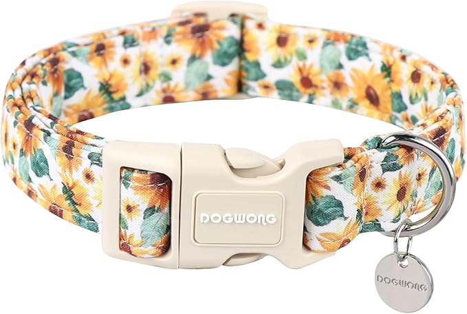 DOGWONG Sunflower Dog Collar, Durable Soft Natural Fabric Spring Pet Collar, Cute Summer Puppy Necklace for Small Medium Large Dogs