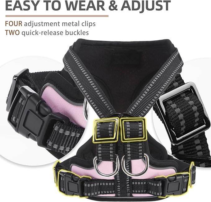 PUPTECK Dog Harness and Leash Set for Small Medium Sized Dogs, No Pull Dog Harness for Walking Training, Adjustable Reflective Puppy French Bulldog Frenchie Harness Soft Padded Vest, Pink, L