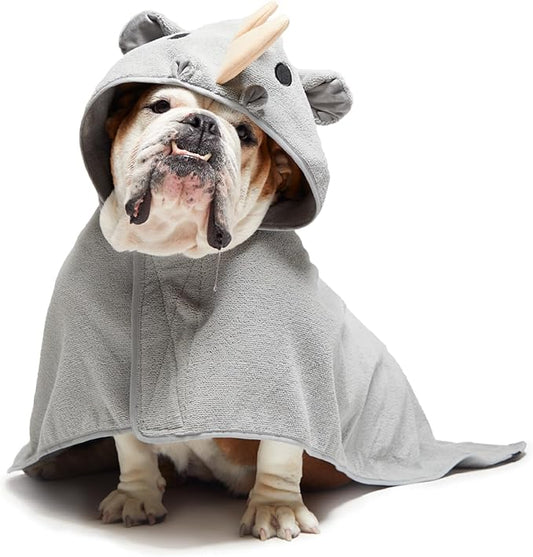 Barkbox Dog Bathrobe Fast Drying with Hook and Loop Closure & Wrap Tie Snuggle, Cute Dogs Clothes, Easy to Clean, Machine Washable, Dog Coats and Tumble Dry Low - Rhino, Medium