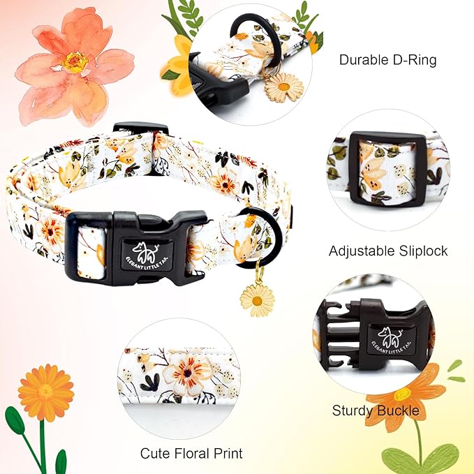 Elegant little tail Dog Collar,Flower Pattern Pet Collar Cute Durable Spring Female or Male Adjustable Cotton Pet Collar with Quick Release Buckle for Small Dogs