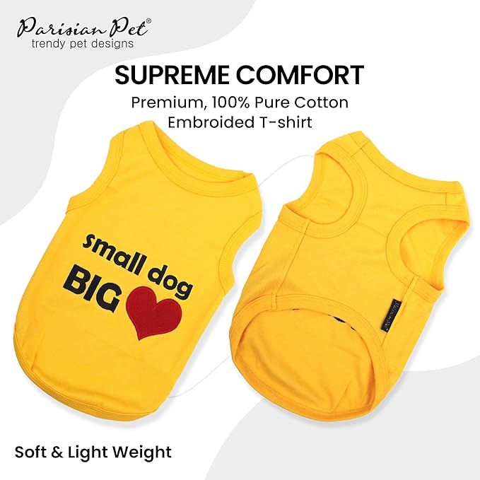 Parisian Pet Dog T-Shirt - Embroidered “Small Dog Big Heart” - 100% Cotton, Cute Dog Tank Top - Sleeveless Pet Vest - Shirts for Small Dogs - XS