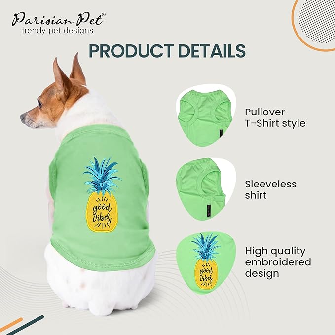 Parisian Pet Dog Tshirt - Embroidered “ Good Vibes “ Dogs Apparel - 100% Cotton and Lightweight Dog Clothes - Sleeveless Doggy Tee Shirts - Machine Washable Shirts for Medium Dogs - Pet Vest - M