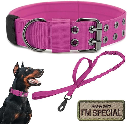 Tactical Dog Collar Military Adjustable Dog Collars Soft Nylon K9 Training Collar with Patch Heavy Duty Metal Buckle Collars for Medium Large Dogs (Pink-1, L)