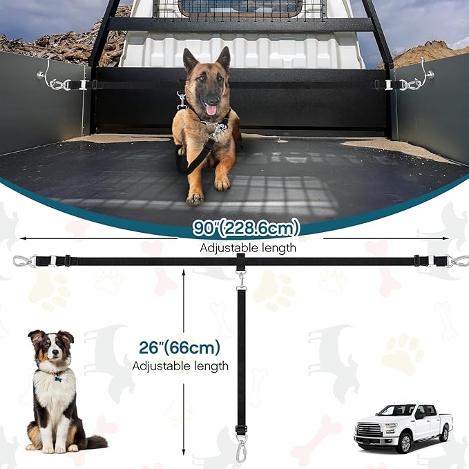 Truck Bed Dog Leash System for One Dog Pickup Tether Tie Down Car Harness Belt Heavy Duty Adjustable Safety Canine Leash for Pickup SUV Truck Outdoor Bed