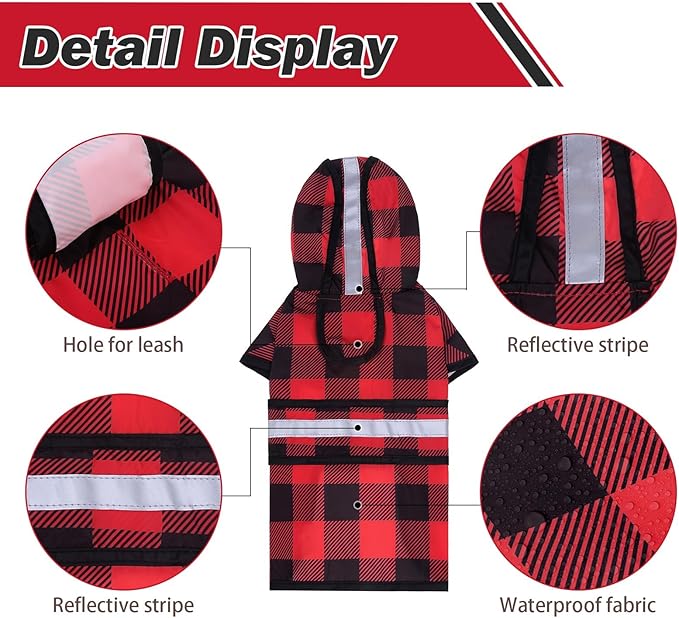 KOOLTAIL Dog Raincoat Hooded Slicker Poncho with Leash Hole, Christmas Red Plaid Raincoat for Small Medium Dogs, Waterproof Dog Rain Jacket with Reflective Strip, Adjustable Breathable Puppy Rainwear