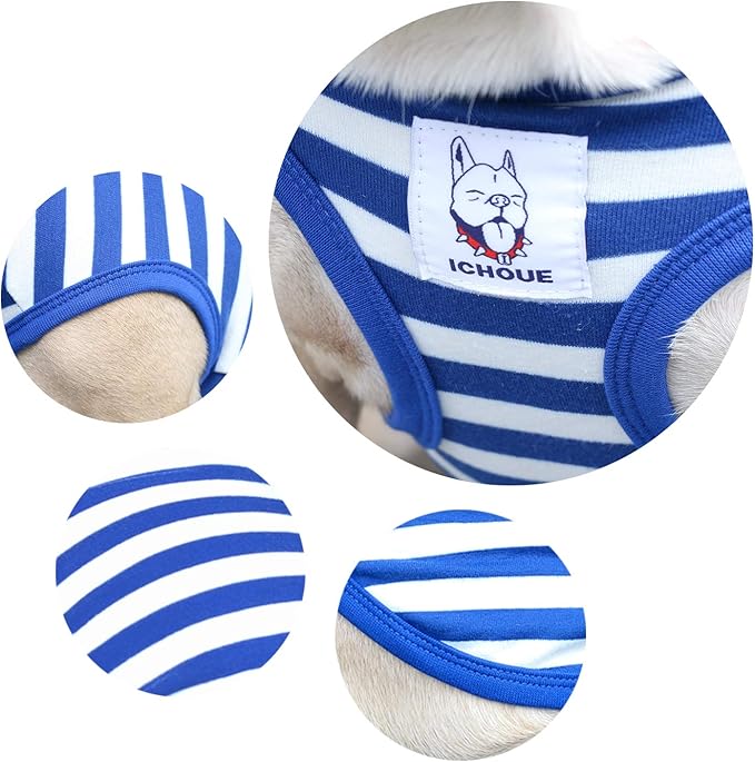 iChoue Pug 100% Breathable Cotton Striped T Shirts Halloween Vest Clothes for Medium Dogs Tank Tops Puppy French Bulldog Frenchie English Boston Terrier Pitbull White Blue Stripes - Small