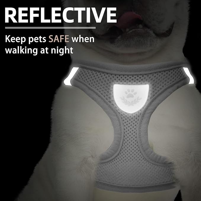 PUPTECK Adjustable Dog Harness Collar and Leash Set Step in No Pull Pet Harness for Small Medium Dogs Puppy and Cats Outdoor Walking Running, Soft Mesh Padded Reflective Vest Harnesses, Solid Grey L