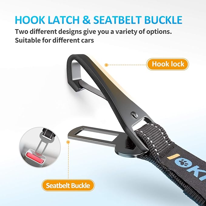 Dog Seat Belt 3-in-1 Car Harness for Dogs Adjustable Safety Seatbelt for Car Durable Nylon Reflective Bungee Fabric Tether with Clip Hook Latch & Buckle, Swivel Zinc Alloy Carabiner (Black)