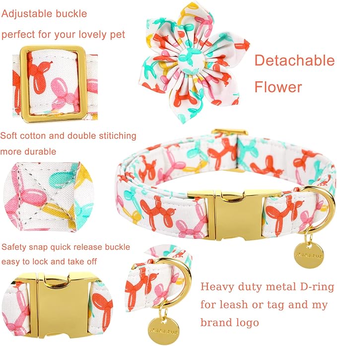 Dog Collar with Flower, Birthday Comfortable Cotton Dog Collar Flower with Metal Buckle, Adjustable Cute Puppy Collar for Girl Dog or Cat, XS