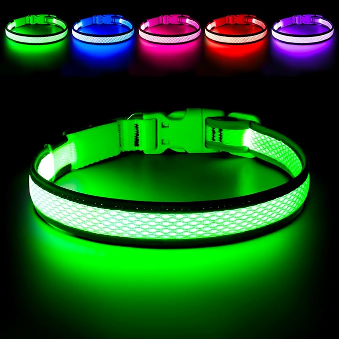 Flashseen LED Dog Collar, USB Rechargeable Light Up Dog Collar Lights, Adjustable Comfortable Soft Mesh Safety Dog Collar for Small, Medium, Large Dogs(Large, Neon Green)