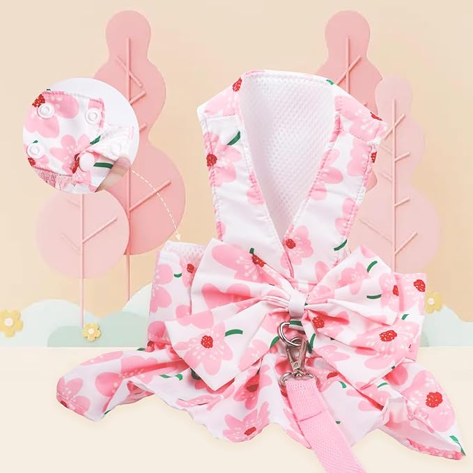 Dog Dress Bowknot Harness Leash Set for Small Girl Dogs Pink Floral Dog Cat Clothes Cute Puppy Outfits Pet Clothes Spring Summer Breathable Dresses(Large)