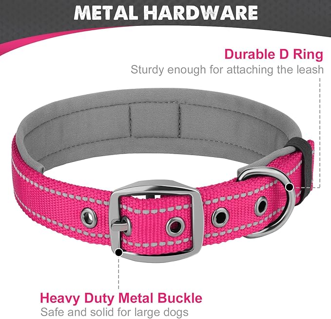 Joytale Dog Collar for Small Dogs, Neoprene Padded and Adjustable, Reflective Wide Heavy Duty Pet Collars with Durable Metal Belt Buckle for Walking, Hotpink, S