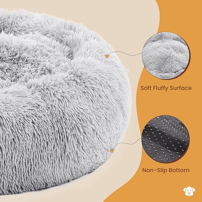 DUMOS Calming Donut Cat & Dog Bed for Medium Dogs, Machine Washable Cuddle Warming Cozy Fluffy Faux Fur Plush Round Dog Bed, Anti-Anxiety Waterproof Anti-Slip Pet Bed, Grey, 24×24×8 Inches