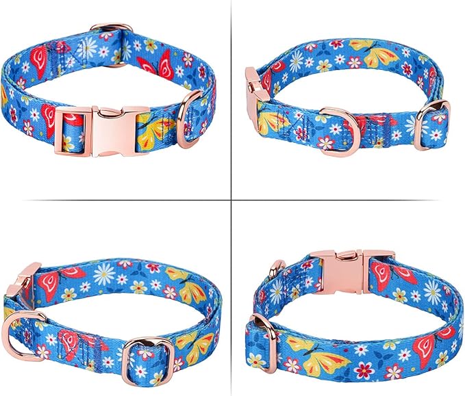 Rhea Rose Ctue Girl Dog Collars Blue Flower and Butterfly Pattern with Metal Buckle for Puppy Small Medium Large Dogs Small