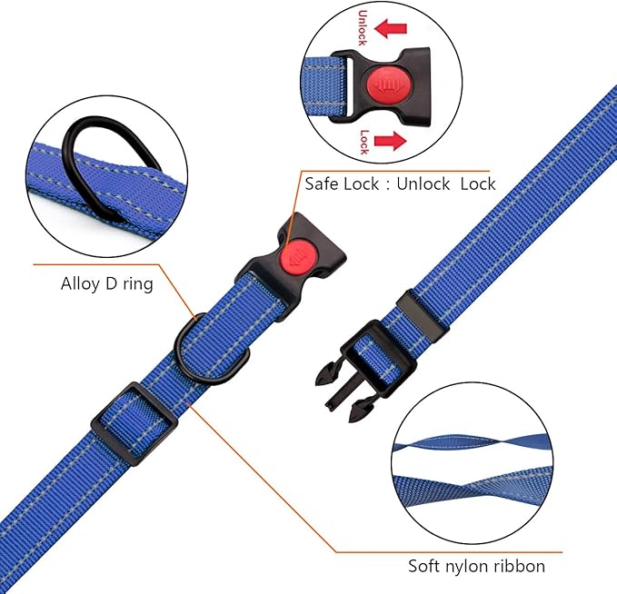 Reflective Dog Collar and Leash Set with Safety Locking Buckle Nylon Pet Collars Adjustable for Small Medium Large Dogs 3 Sizes(Navy Blue&L)