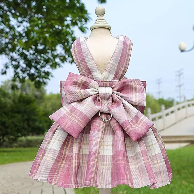 PETCARE Plaid Dog Dress Bow Tie Harness Leash Set for Small Dogs Cats Girl Cute Princess Dog Dresses Spring Summer Puppy Bunny Rabbit Clothes Chihuahua Yorkies Pet Outfits,Chest 19"